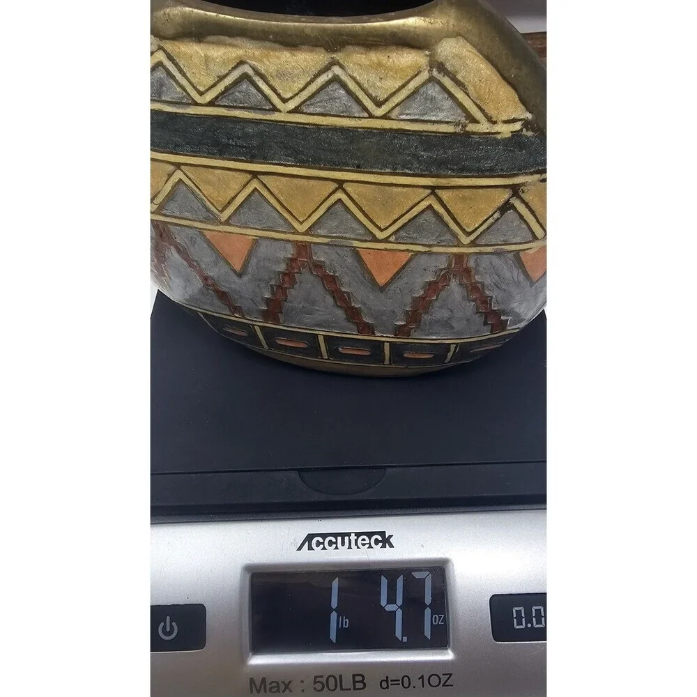 Vintage Small Geometric Enameled Painted Multicolor Brass Vase India 5